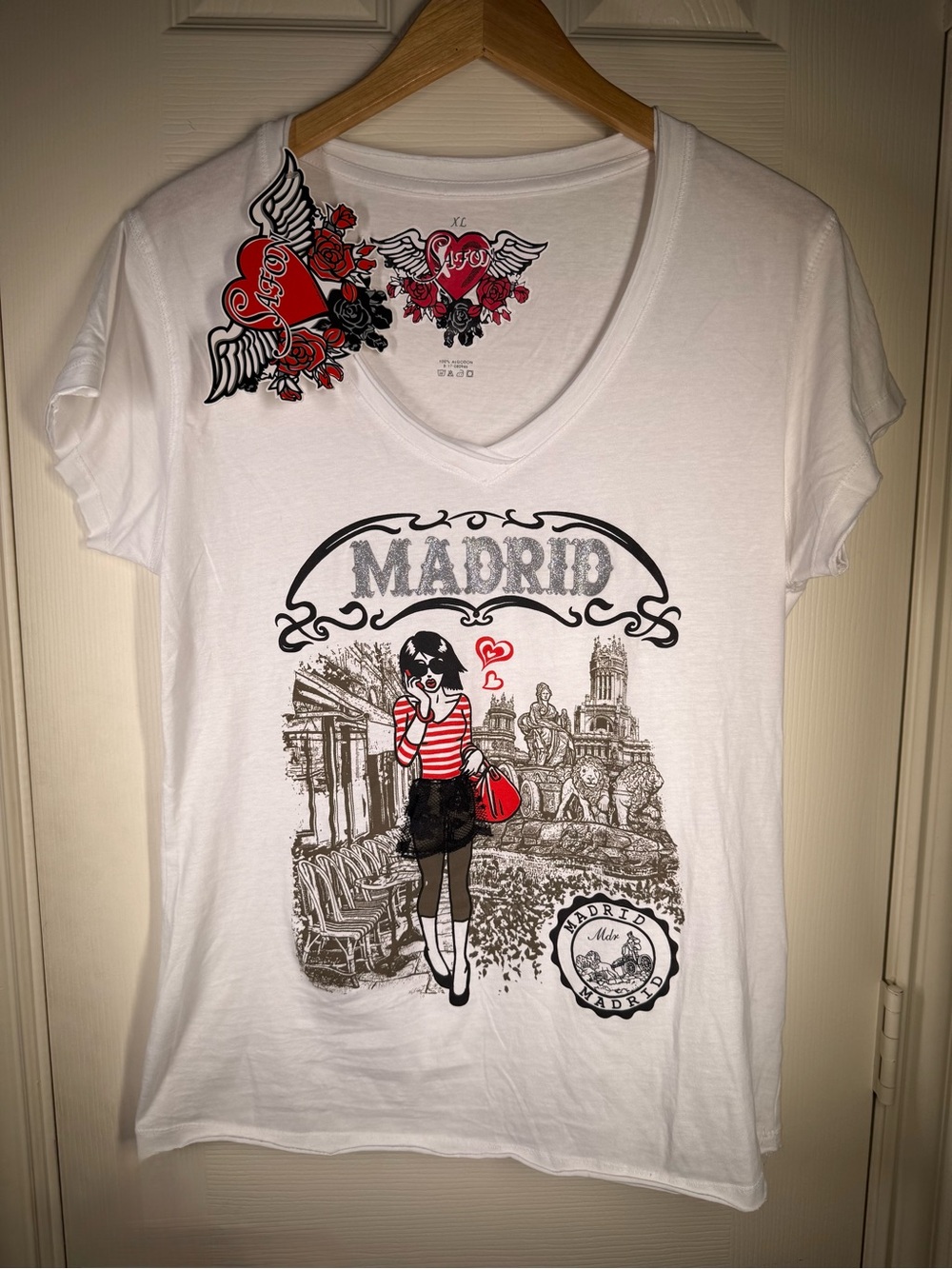 Vintage Y2K Coquette Women’s White Madrid Graphic V-Neck Tee from Spain